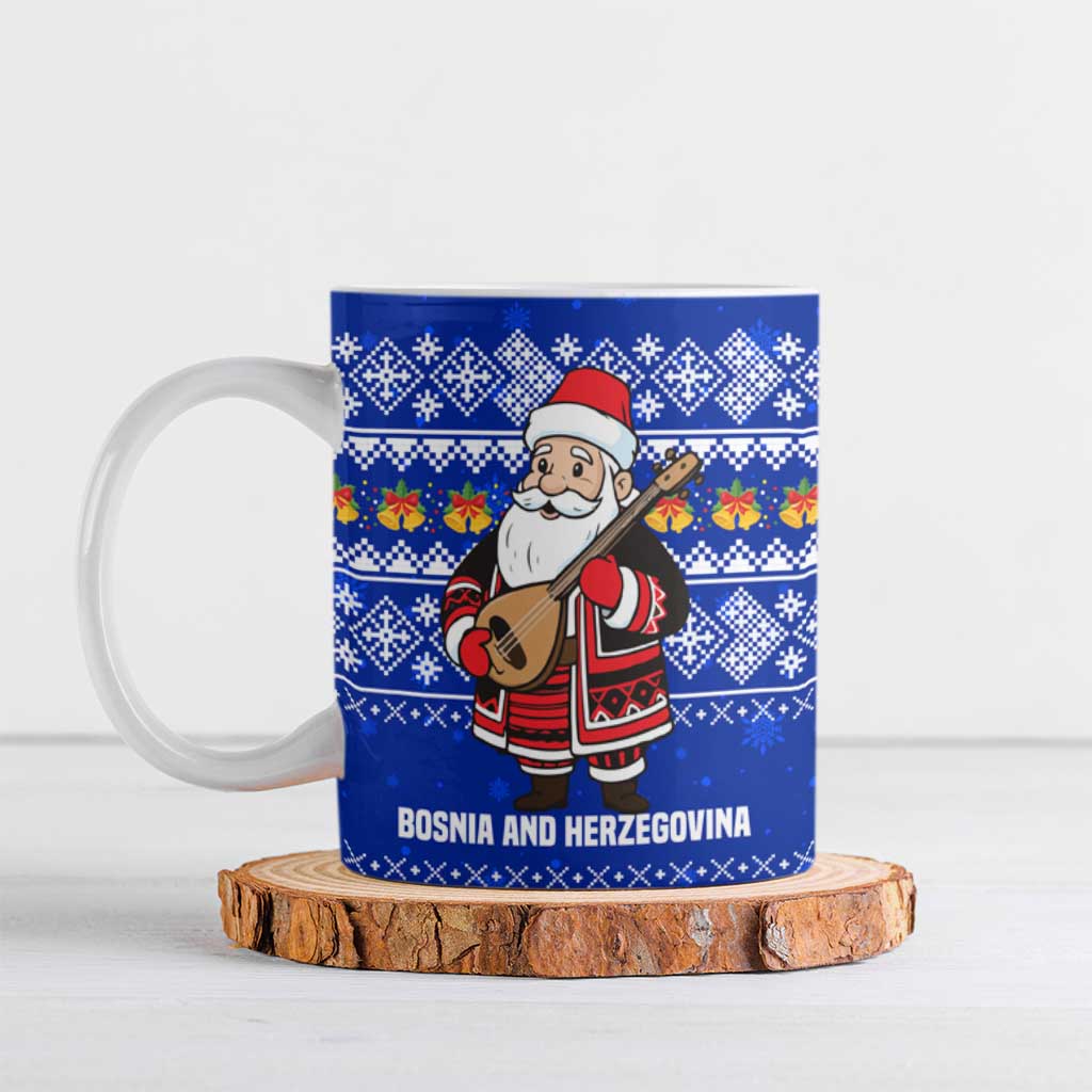 Bosnia and Herzegovina Christmas Ceramic Mug with Santa Playing Traditional Instrument and Blue Snowflake Pattern - Wonder Print Shop