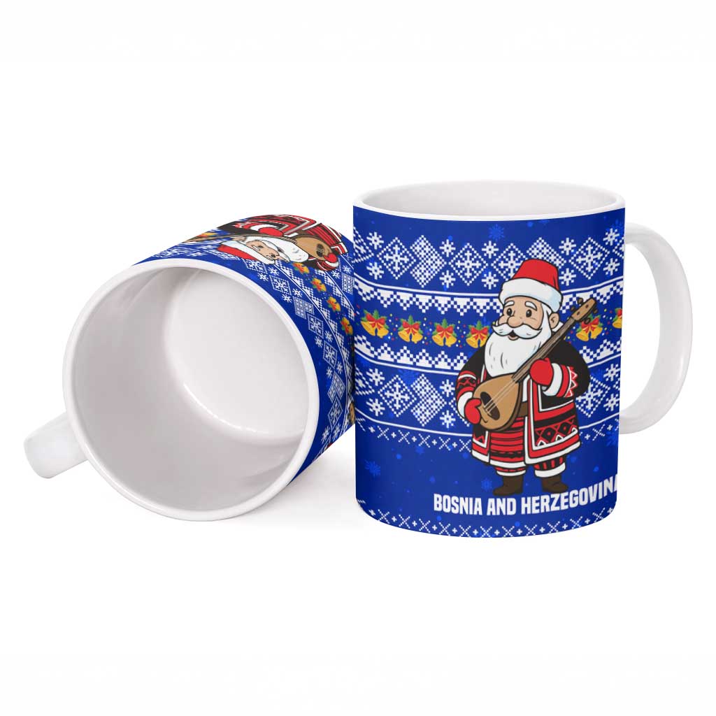 Bosnia and Herzegovina Christmas Ceramic Mug with Santa Playing Traditional Instrument and Blue Snowflake Pattern - Wonder Print Shop