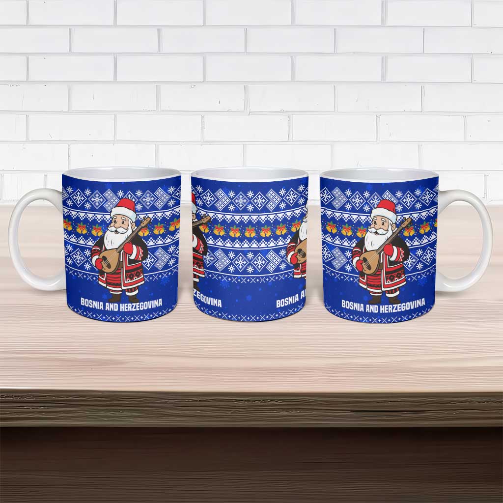 Bosnia and Herzegovina Christmas Ceramic Mug with Santa Playing Traditional Instrument and Blue Snowflake Pattern - Wonder Print Shop
