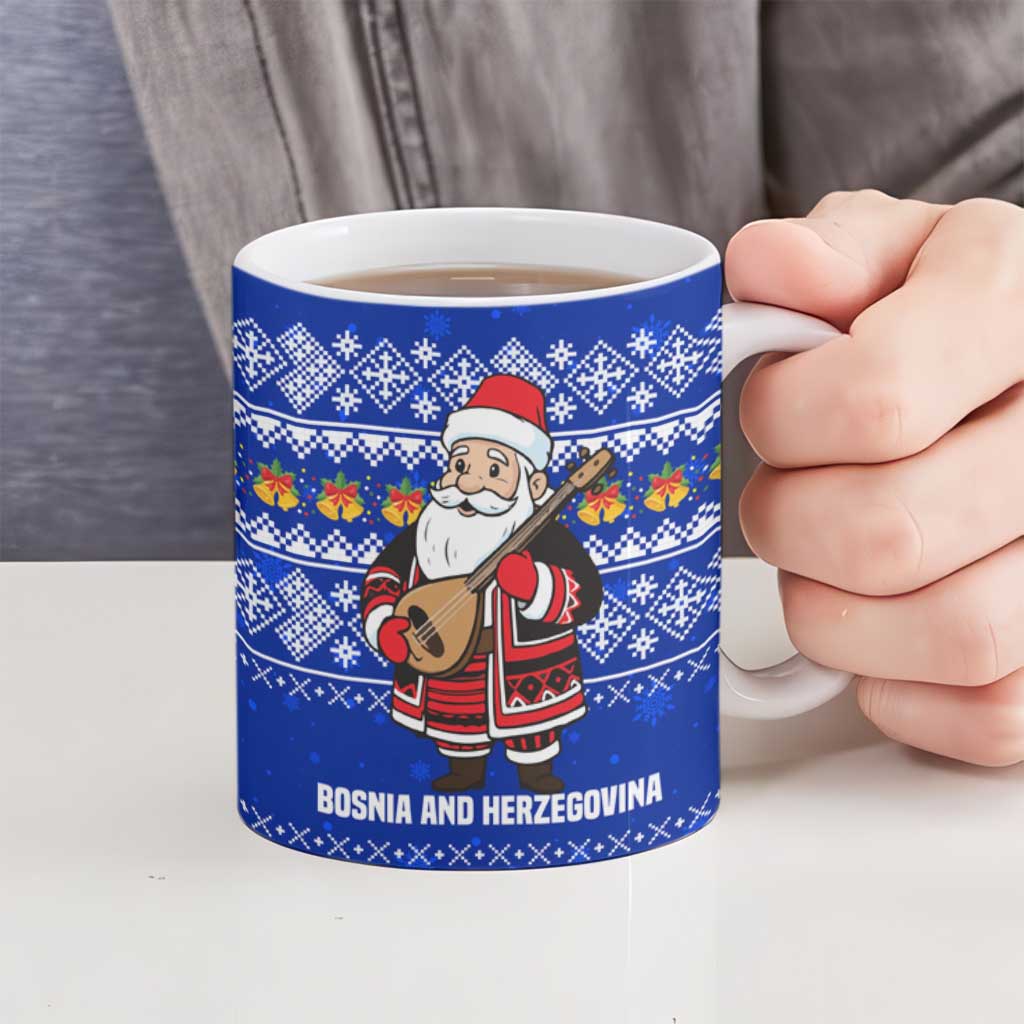 Bosnia and Herzegovina Christmas Ceramic Mug with Santa Playing Traditional Instrument and Blue Snowflake Pattern - Wonder Print Shop