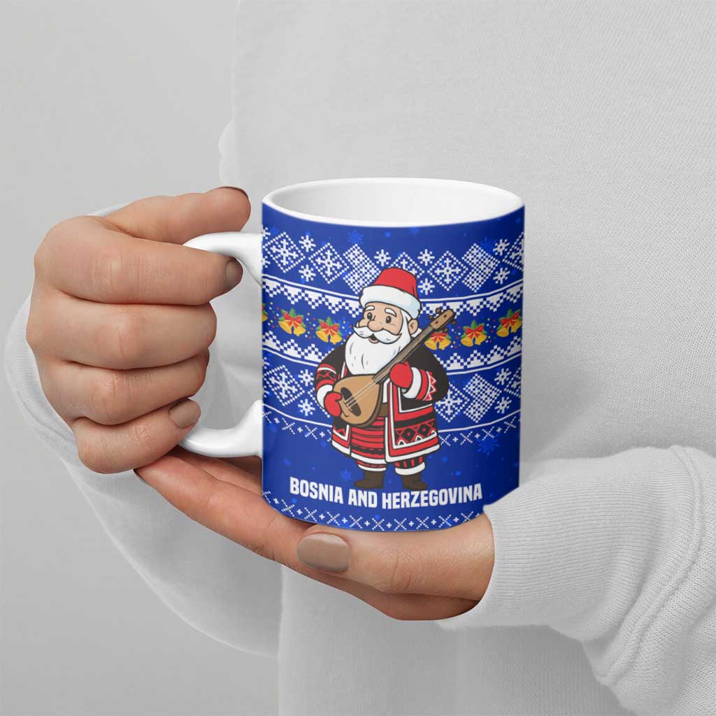 Bosnia and Herzegovina Christmas Ceramic Mug with Santa Playing Traditional Instrument and Blue Snowflake Pattern - Wonder Print Shop