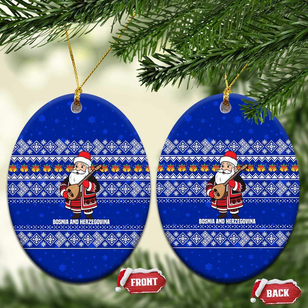 Bosnia and Herzegovina Christmas Ceramic Ornament with Santa Playing Traditional Instrument and Blue Snowflake Pattern - Wonder Print Shop