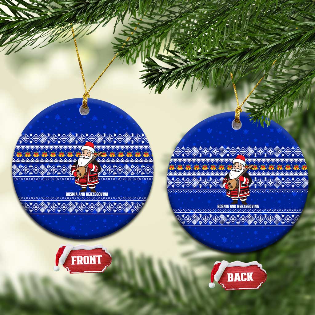 Bosnia and Herzegovina Christmas Ceramic Ornament with Santa Playing Traditional Instrument and Blue Snowflake Pattern - Wonder Print Shop