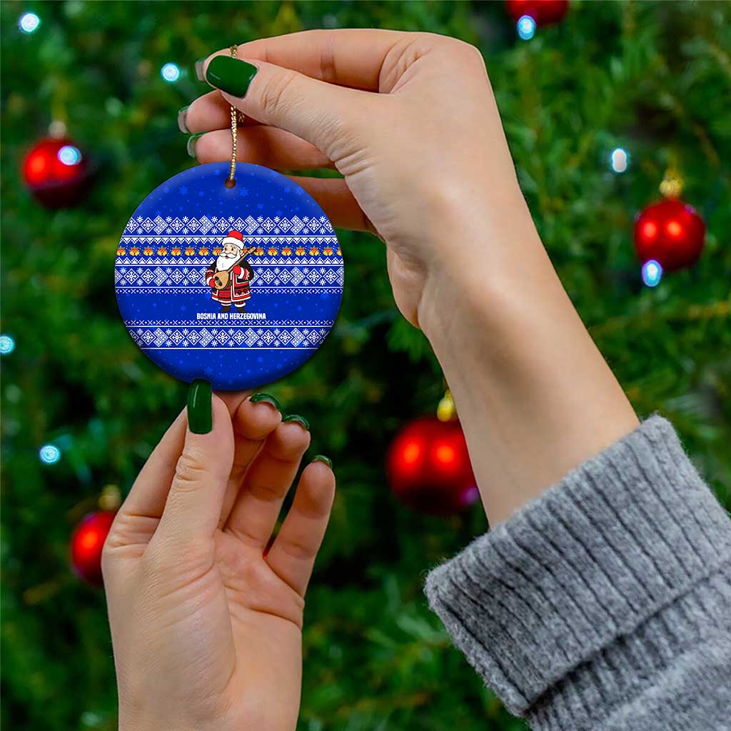 Bosnia and Herzegovina Christmas Ceramic Ornament with Santa Playing Traditional Instrument and Blue Snowflake Pattern - Wonder Print Shop