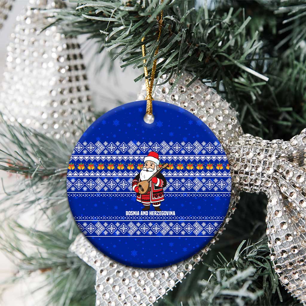 Bosnia and Herzegovina Christmas Ceramic Ornament with Santa Playing Traditional Instrument and Blue Snowflake Pattern - Wonder Print Shop