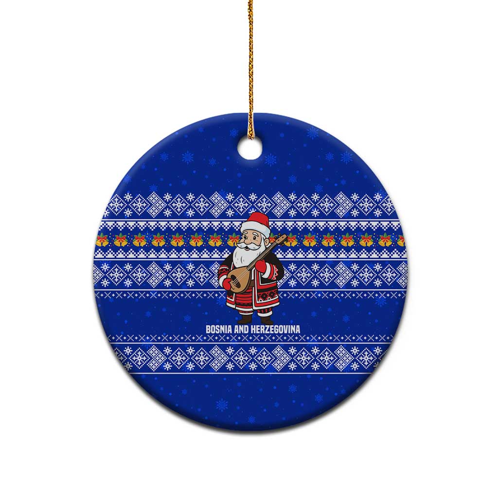 Bosnia and Herzegovina Christmas Ceramic Ornament with Santa Playing Traditional Instrument and Blue Snowflake Pattern - Wonder Print Shop