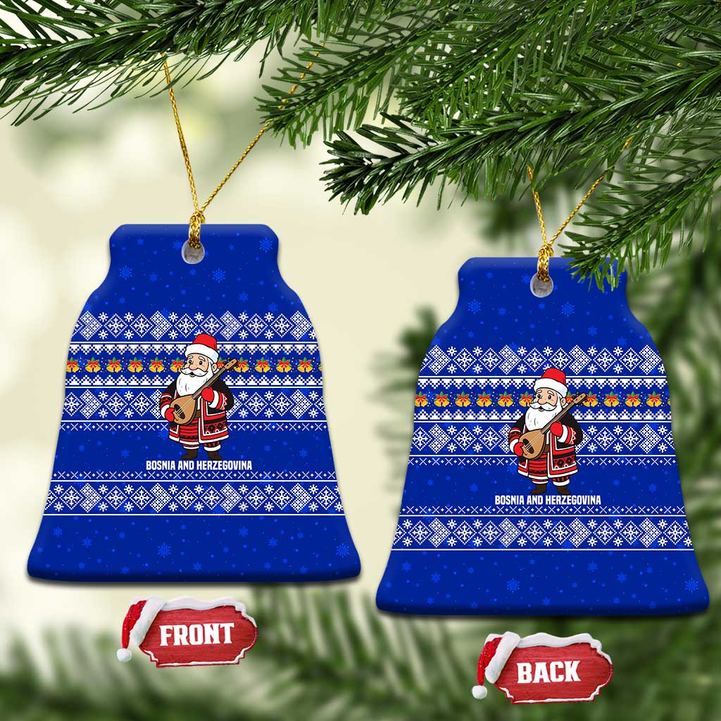 Bosnia and Herzegovina Christmas Ceramic Ornament with Santa Playing Traditional Instrument and Blue Snowflake Pattern - Wonder Print Shop