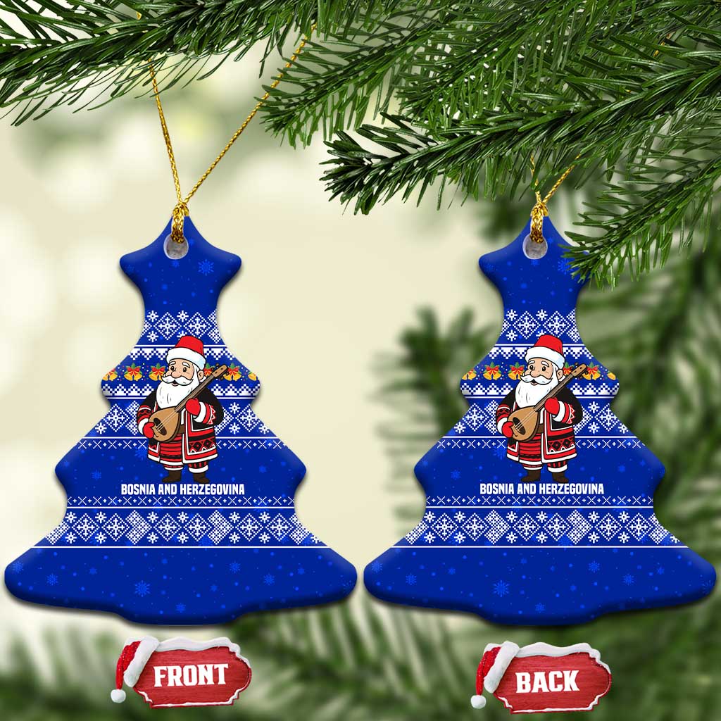 Bosnia and Herzegovina Christmas Ceramic Ornament with Santa Playing Traditional Instrument and Blue Snowflake Pattern - Wonder Print Shop