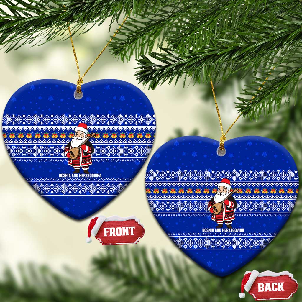 Bosnia and Herzegovina Christmas Ceramic Ornament with Santa Playing Traditional Instrument and Blue Snowflake Pattern - Wonder Print Shop