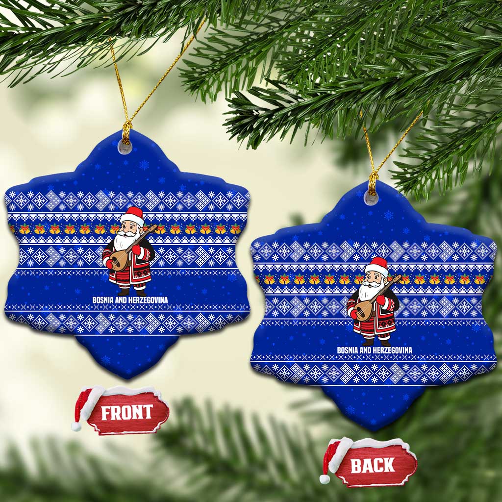 Bosnia and Herzegovina Christmas Ceramic Ornament with Santa Playing Traditional Instrument and Blue Snowflake Pattern - Wonder Print Shop