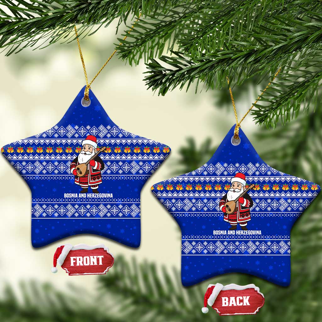 Bosnia and Herzegovina Christmas Ceramic Ornament with Santa Playing Traditional Instrument and Blue Snowflake Pattern - Wonder Print Shop