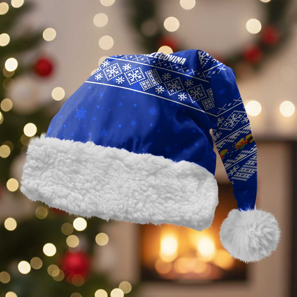 Bosnia and Herzegovina Christmas Santa Hat with Santa Playing Traditional Instrument and Blue Snowflake Pattern - Wonder Print Shop