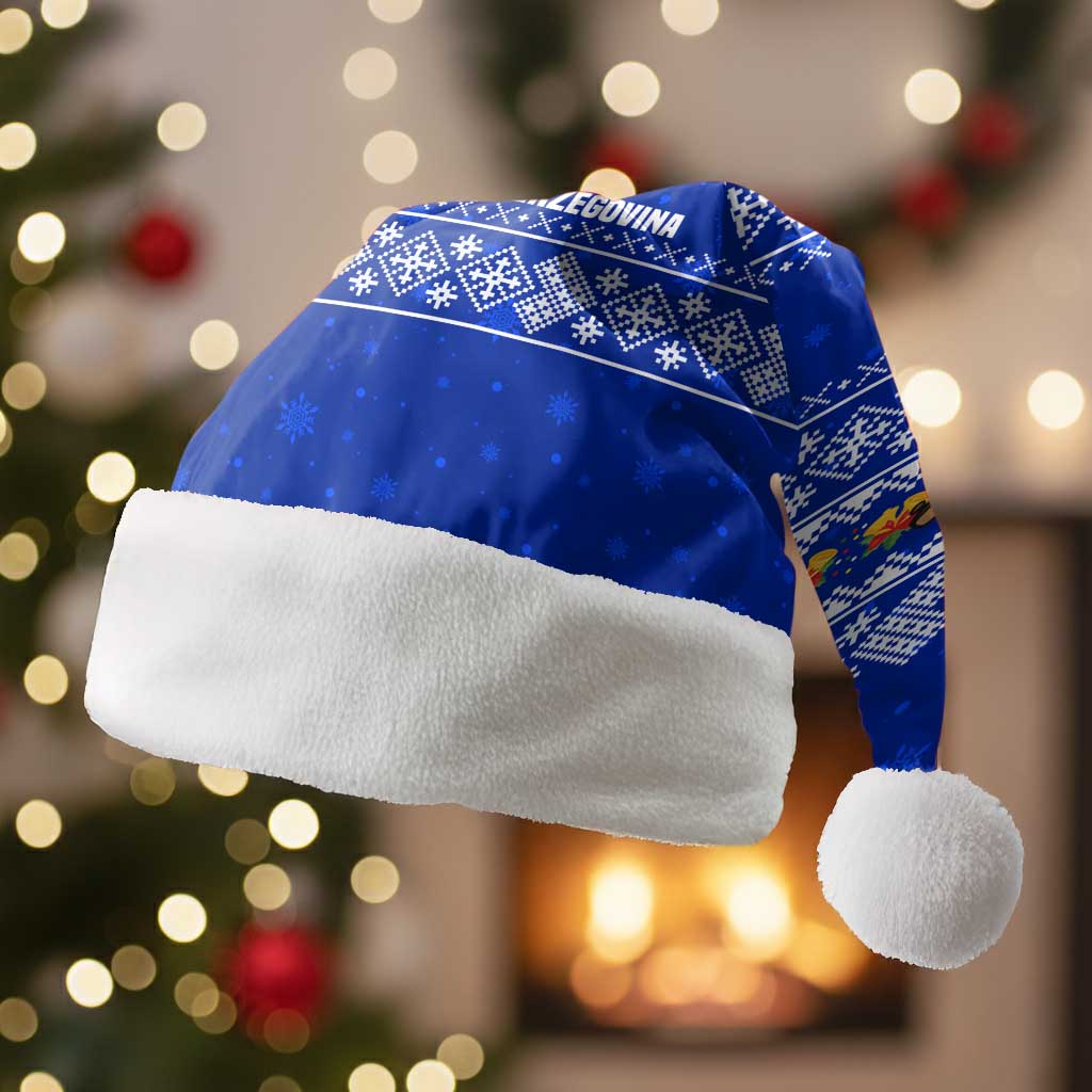 Bosnia and Herzegovina Christmas Santa Hat with Santa Playing Traditional Instrument and Blue Snowflake Pattern - Wonder Print Shop