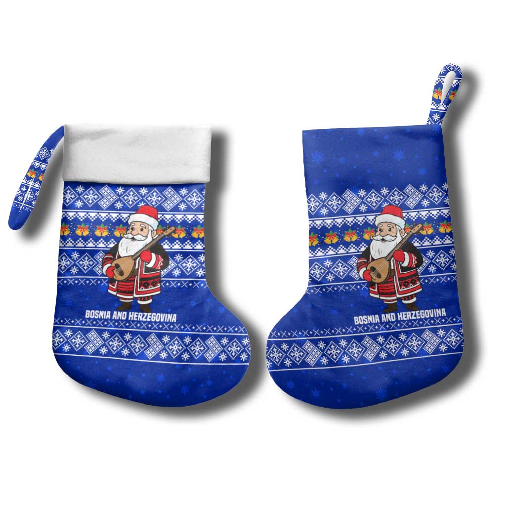 Bosnia and Herzegovina Christmas Stocking with Santa Playing Traditional Instrument and Blue Snowflake Pattern - Wonder Print Shop