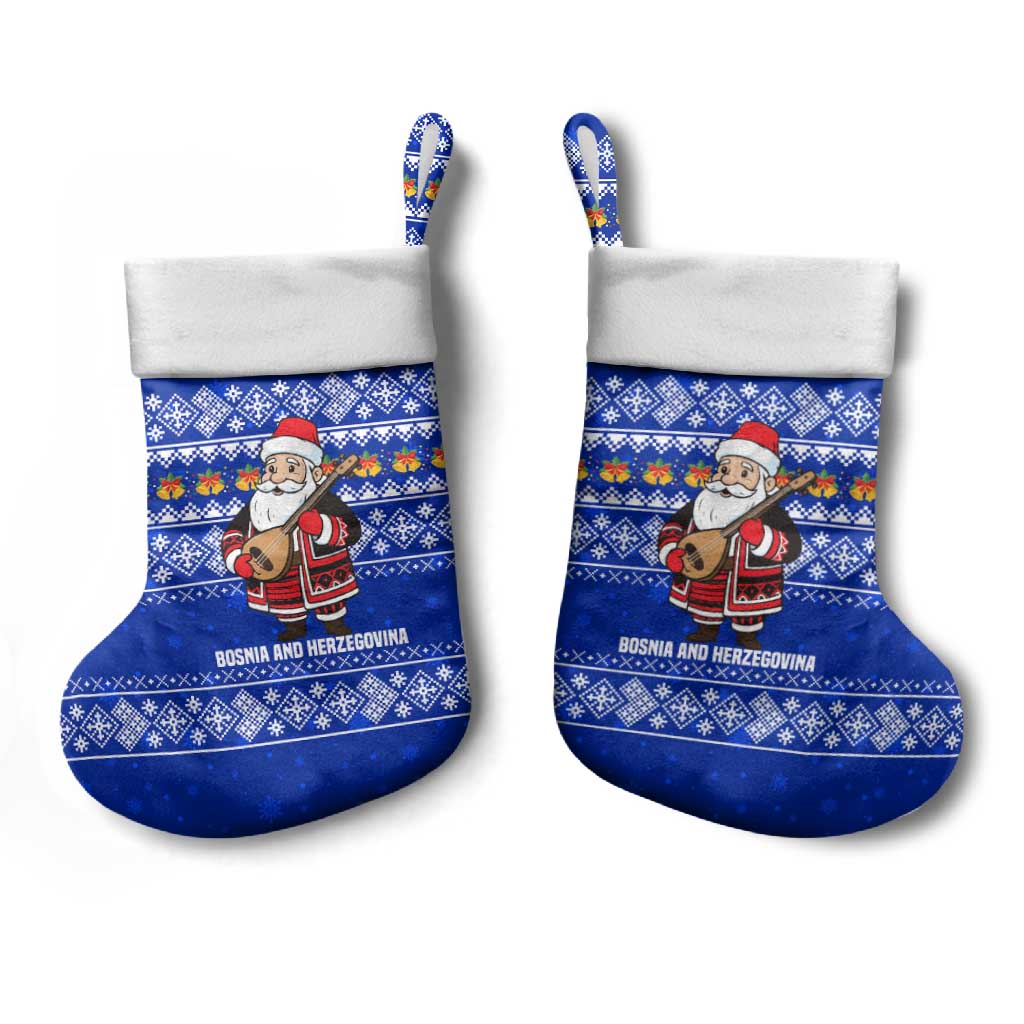 Bosnia and Herzegovina Christmas Stocking with Santa Playing Traditional Instrument and Blue Snowflake Pattern - Wonder Print Shop