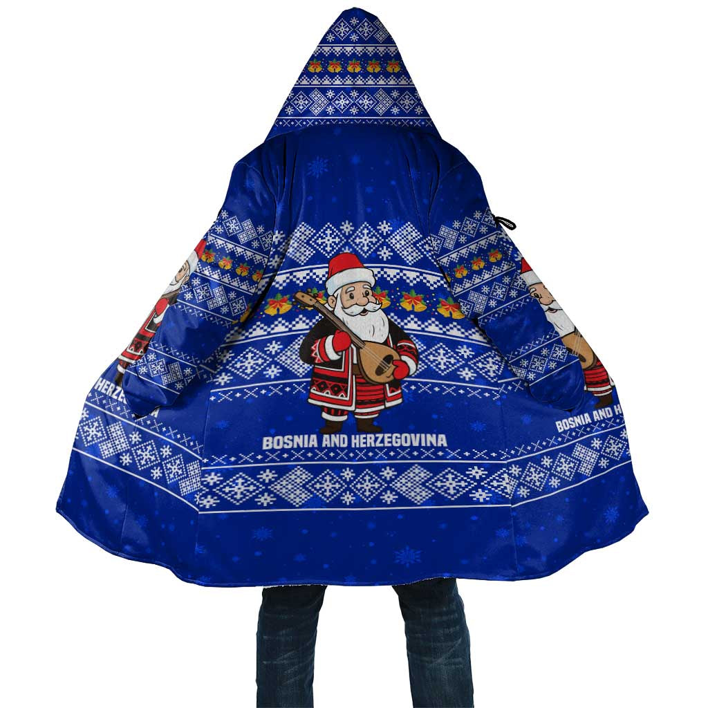 Bosnia and Herzegovina Christmas Cloak with Santa Playing Traditional Instrument and Blue Snowflake Pattern - Wonder Print Shop