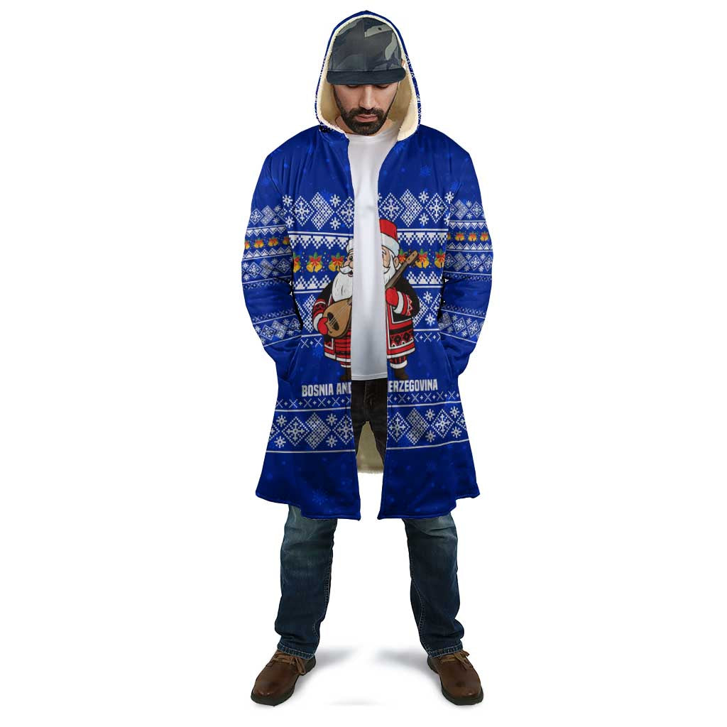 Bosnia and Herzegovina Christmas Cloak with Santa Playing Traditional Instrument and Blue Snowflake Pattern - Wonder Print Shop