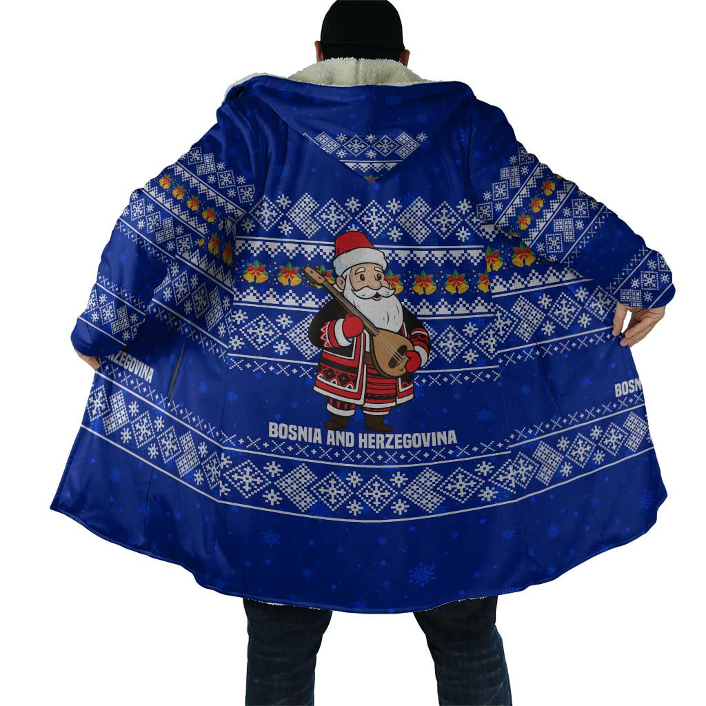 Bosnia and Herzegovina Christmas Cloak with Santa Playing Traditional Instrument and Blue Snowflake Pattern - Wonder Print Shop