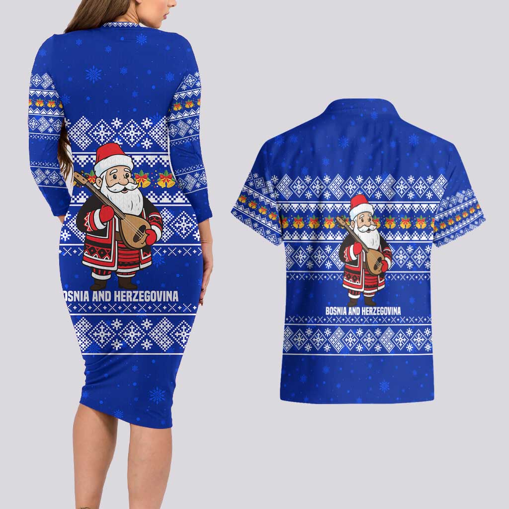 Bosnia and Herzegovina Christmas Couples Matching Long Sleeve Bodycon Dress and Hawaiian Shirt with Santa Playing Traditional Instrument and Blue Snowflake Pattern - Wonder Print Shop