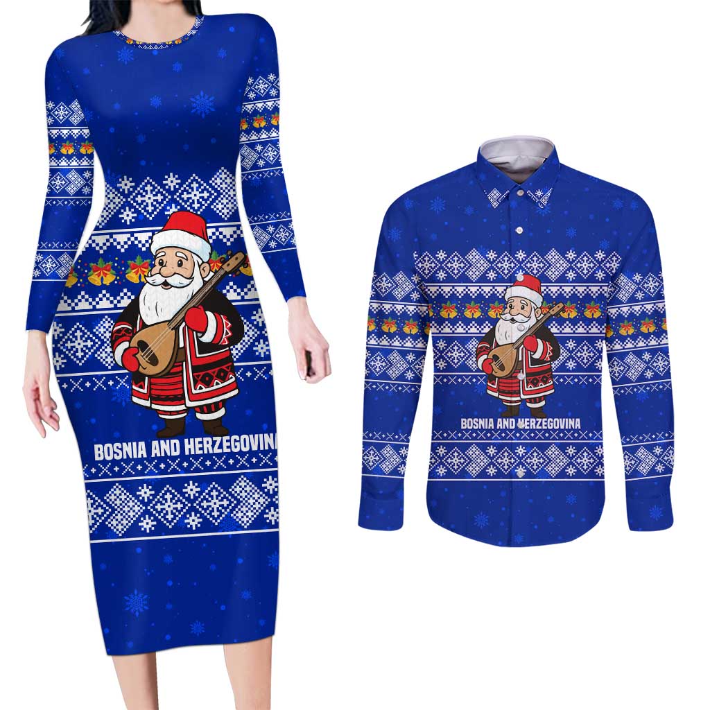 Bosnia and Herzegovina Christmas Couples Matching Long Sleeve Bodycon Dress and Long Sleeve Button Shirt with Santa Playing Traditional Instrument and Blue Snowflake Pattern - Wonder Print Shop