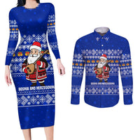 Bosnia and Herzegovina Christmas Couples Matching Long Sleeve Bodycon Dress and Long Sleeve Button Shirt with Santa Playing Traditional Instrument and Blue Snowflake Pattern - Wonder Print Shop