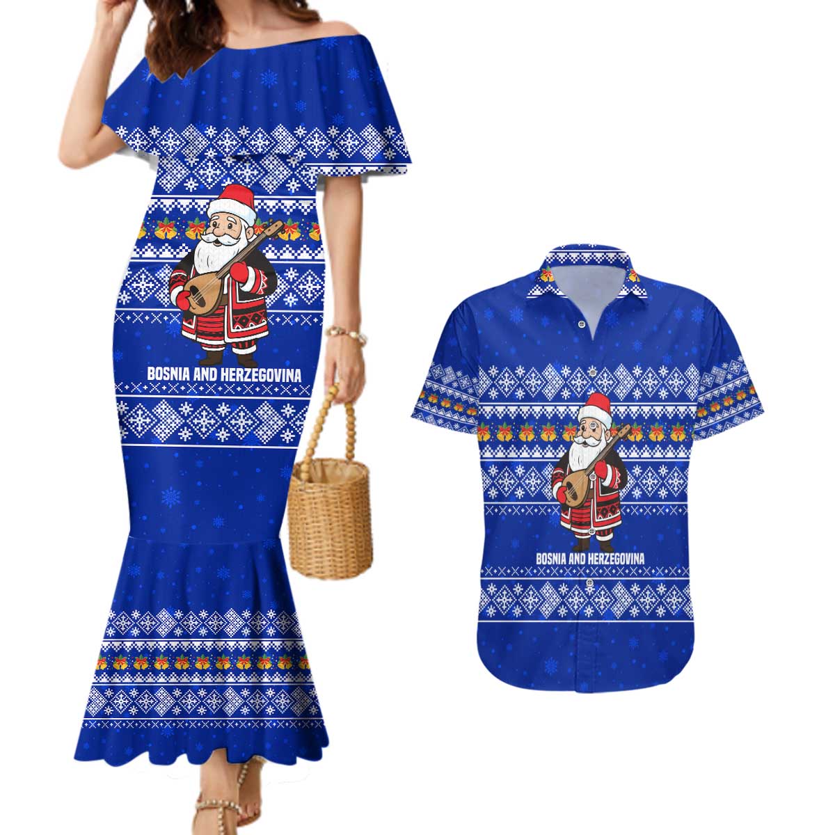 Bosnia and Herzegovina Christmas Couples Matching Mermaid Dress and Hawaiian Shirt with Santa Playing Traditional Instrument and Blue Snowflake Pattern - Wonder Print Shop