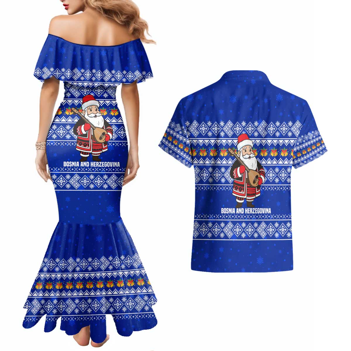 Bosnia and Herzegovina Christmas Couples Matching Mermaid Dress and Hawaiian Shirt with Santa Playing Traditional Instrument and Blue Snowflake Pattern - Wonder Print Shop