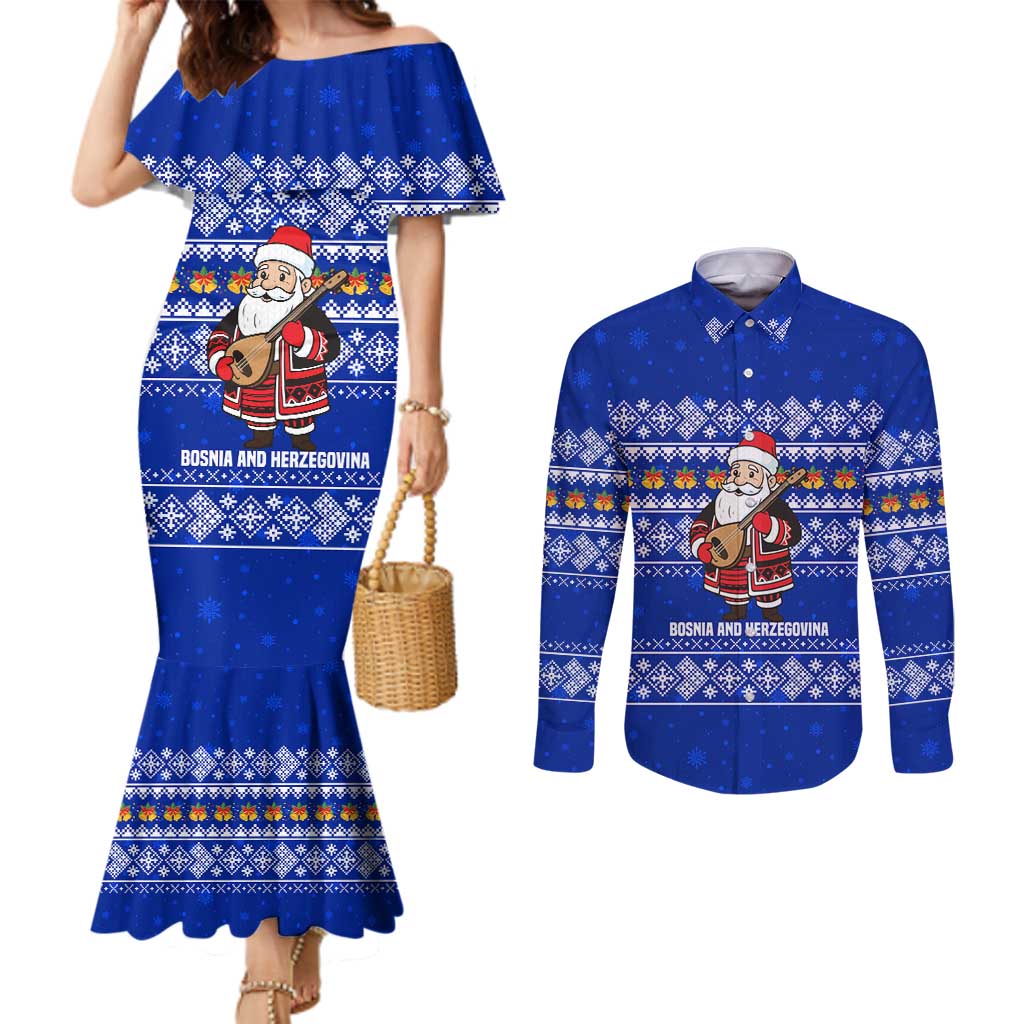 Bosnia and Herzegovina Christmas Couples Matching Mermaid Dress and Long Sleeve Button Shirt with Santa Playing Traditional Instrument and Blue Snowflake Pattern - Wonder Print Shop
