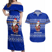 Bosnia and Herzegovina Christmas Couples Matching Off Shoulder Maxi Dress and Hawaiian Shirt with Santa Playing Traditional Instrument and Blue Snowflake Pattern - Wonder Print Shop
