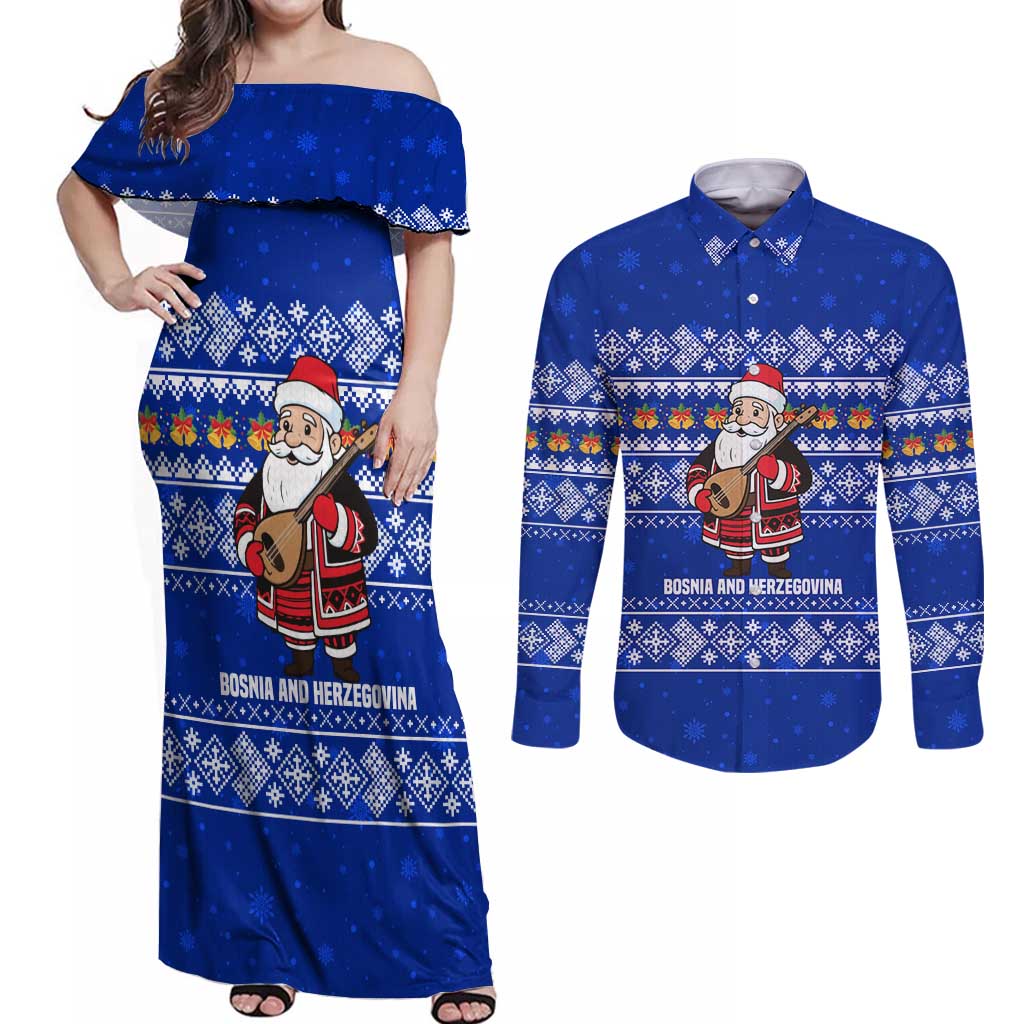 Bosnia and Herzegovina Christmas Couples Matching Off Shoulder Maxi Dress and Long Sleeve Button Shirt with Santa Playing Traditional Instrument and Blue Snowflake Pattern - Wonder Print Shop