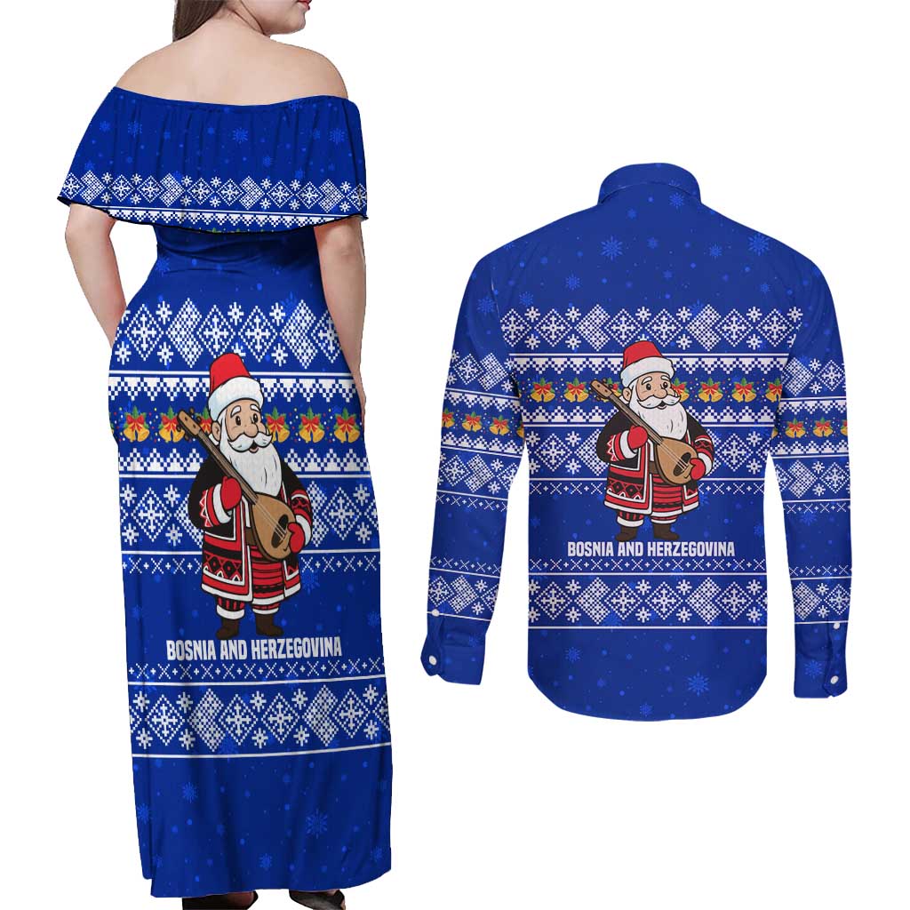 Bosnia and Herzegovina Christmas Couples Matching Off Shoulder Maxi Dress and Long Sleeve Button Shirt with Santa Playing Traditional Instrument and Blue Snowflake Pattern - Wonder Print Shop