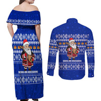 Bosnia and Herzegovina Christmas Couples Matching Off Shoulder Maxi Dress and Long Sleeve Button Shirt with Santa Playing Traditional Instrument and Blue Snowflake Pattern - Wonder Print Shop