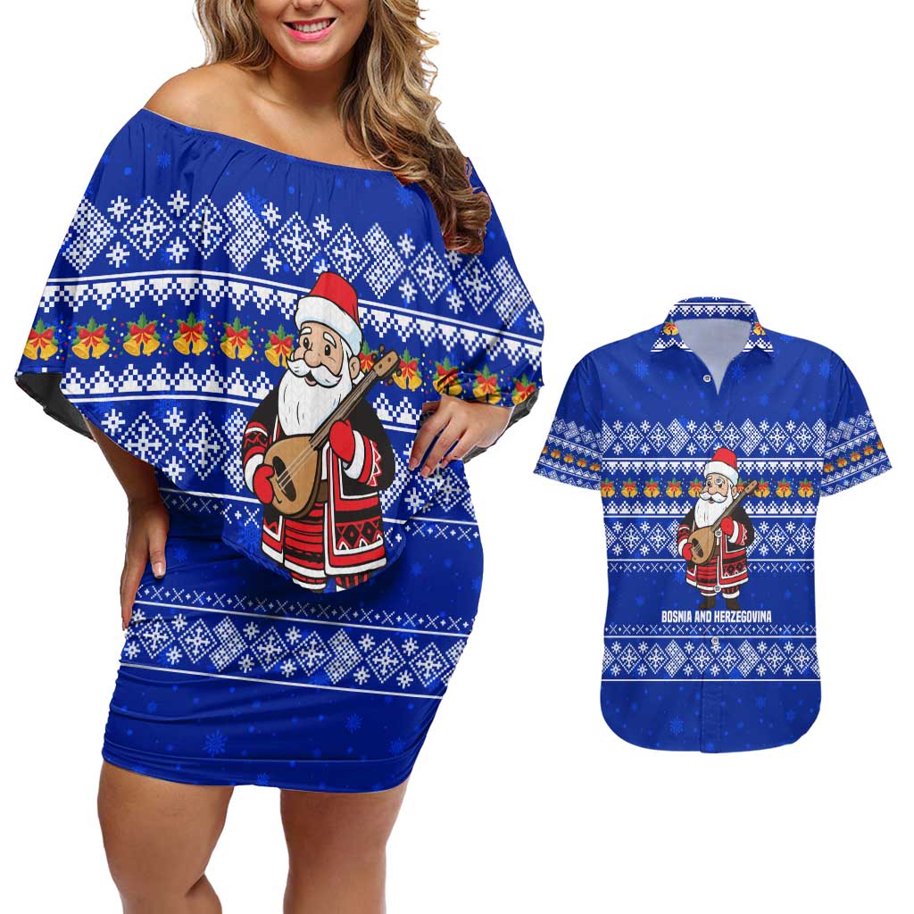 Bosnia and Herzegovina Christmas Couples Matching Off Shoulder Short Dress and Hawaiian Shirt with Santa Playing Traditional Instrument and Blue Snowflake Pattern - Wonder Print Shop
