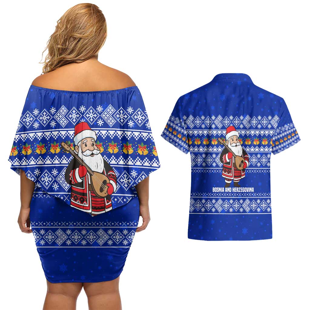 Bosnia and Herzegovina Christmas Couples Matching Off Shoulder Short Dress and Hawaiian Shirt with Santa Playing Traditional Instrument and Blue Snowflake Pattern - Wonder Print Shop