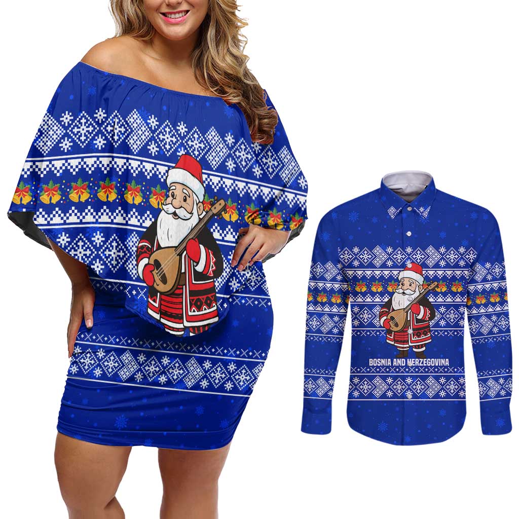 Bosnia and Herzegovina Christmas Couples Matching Off Shoulder Short Dress and Long Sleeve Button Shirt with Santa Playing Traditional Instrument and Blue Snowflake Pattern - Wonder Print Shop