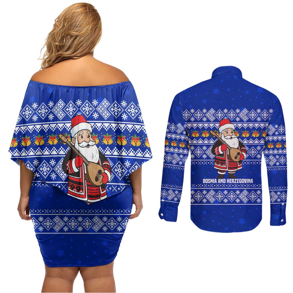 Bosnia and Herzegovina Christmas Couples Matching Off Shoulder Short Dress and Long Sleeve Button Shirt with Santa Playing Traditional Instrument and Blue Snowflake Pattern - Wonder Print Shop