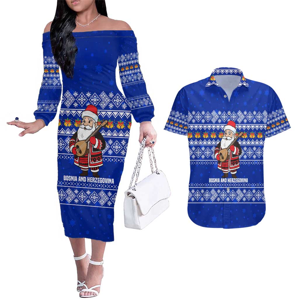 Bosnia and Herzegovina Christmas Couples Matching Off The Shoulder Long Sleeve Dress and Hawaiian Shirt with Santa Playing Traditional Instrument and Blue Snowflake Pattern - Wonder Print Shop