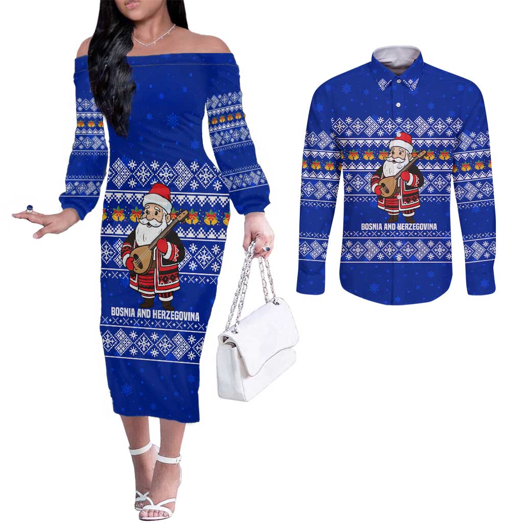 Bosnia and Herzegovina Christmas Couples Matching Off The Shoulder Long Sleeve Dress and Long Sleeve Button Shirt with Santa Playing Traditional Instrument and Blue Snowflake Pattern - Wonder Print Shop
