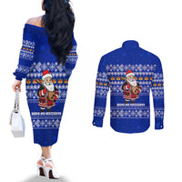 Bosnia and Herzegovina Christmas Couples Matching Off The Shoulder Long Sleeve Dress and Long Sleeve Button Shirt with Santa Playing Traditional Instrument and Blue Snowflake Pattern - Wonder Print Shop