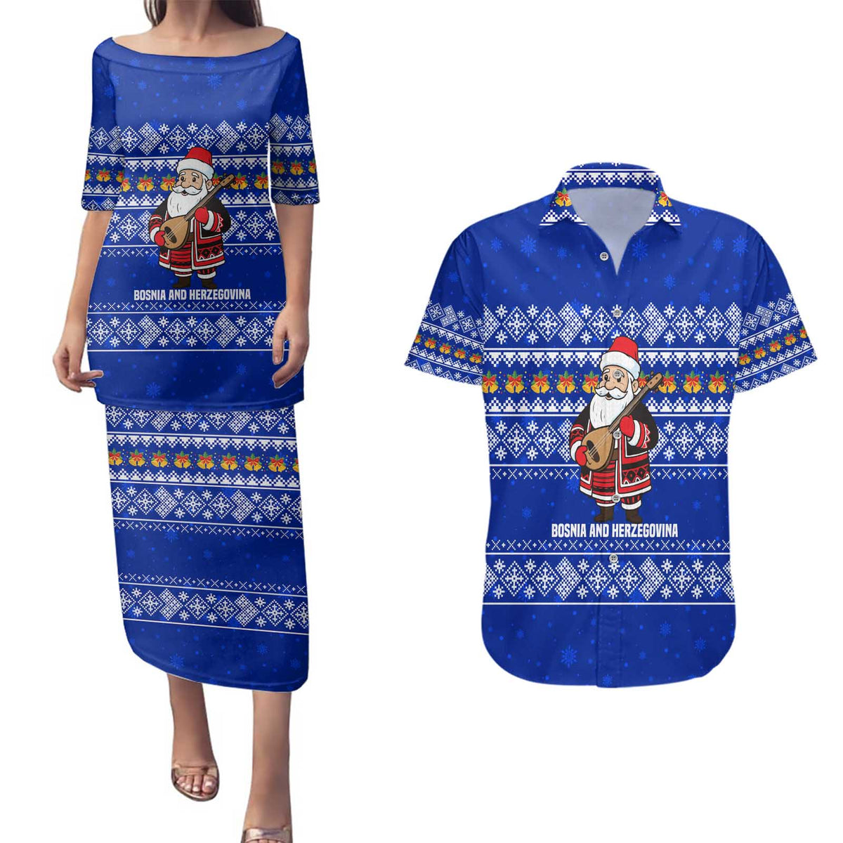 Bosnia and Herzegovina Christmas Couples Matching Puletasi and Hawaiian Shirt with Santa Playing Traditional Instrument and Blue Snowflake Pattern - Wonder Print Shop