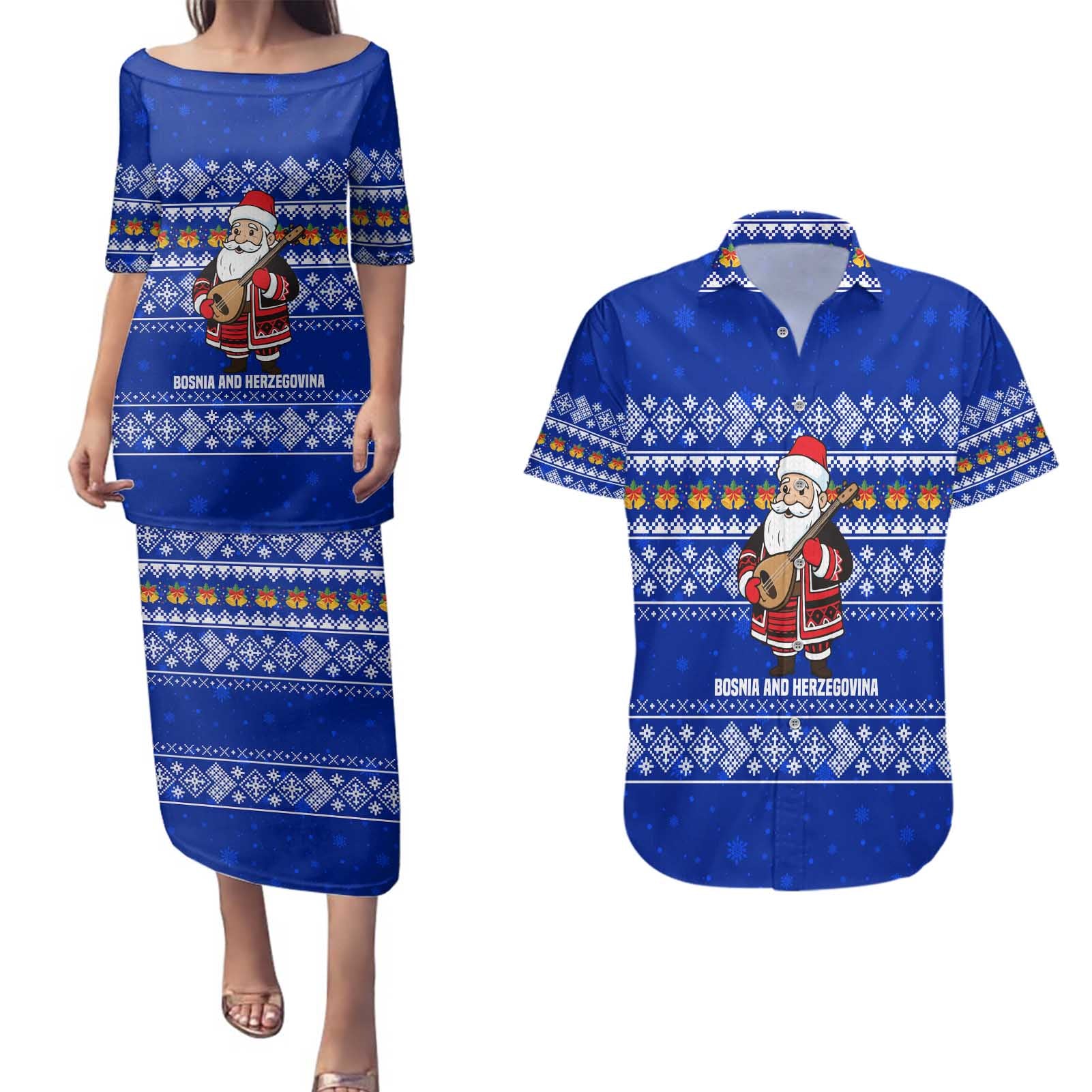 Bosnia and Herzegovina Christmas Couples Matching Puletasi and Hawaiian Shirt with Santa Playing Traditional Instrument and Blue Snowflake Pattern - Wonder Print Shop