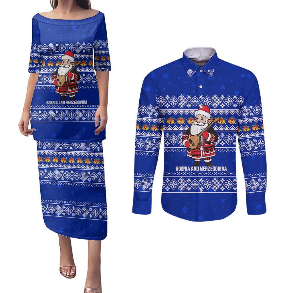 Bosnia and Herzegovina Christmas Couples Matching Puletasi and Long Sleeve Button Shirt with Santa Playing Traditional Instrument and Blue Snowflake Pattern - Wonder Print Shop