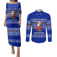 Bosnia and Herzegovina Christmas Couples Matching Puletasi and Long Sleeve Button Shirt with Santa Playing Traditional Instrument and Blue Snowflake Pattern - Wonder Print Shop