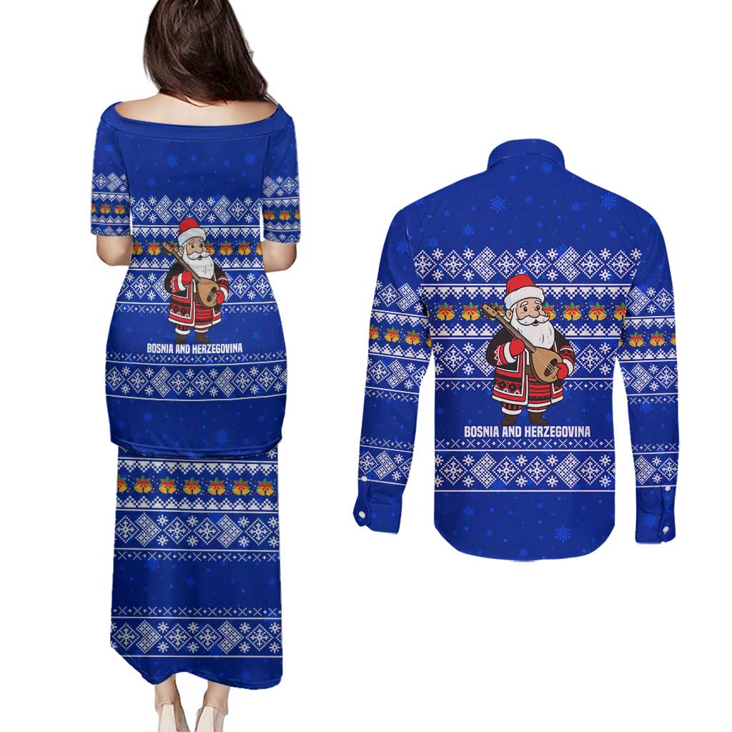 Bosnia and Herzegovina Christmas Couples Matching Puletasi and Long Sleeve Button Shirt with Santa Playing Traditional Instrument and Blue Snowflake Pattern - Wonder Print Shop