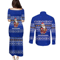 Bosnia and Herzegovina Christmas Couples Matching Puletasi and Long Sleeve Button Shirt with Santa Playing Traditional Instrument and Blue Snowflake Pattern - Wonder Print Shop