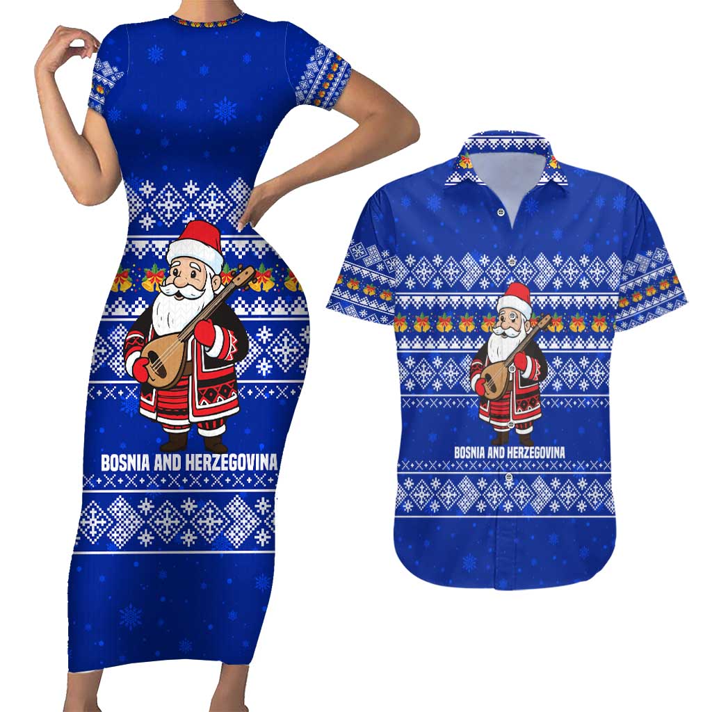 Bosnia and Herzegovina Christmas Couples Matching Short Sleeve Bodycon Dress and Hawaiian Shirt with Santa Playing Traditional Instrument and Blue Snowflake Pattern - Wonder Print Shop