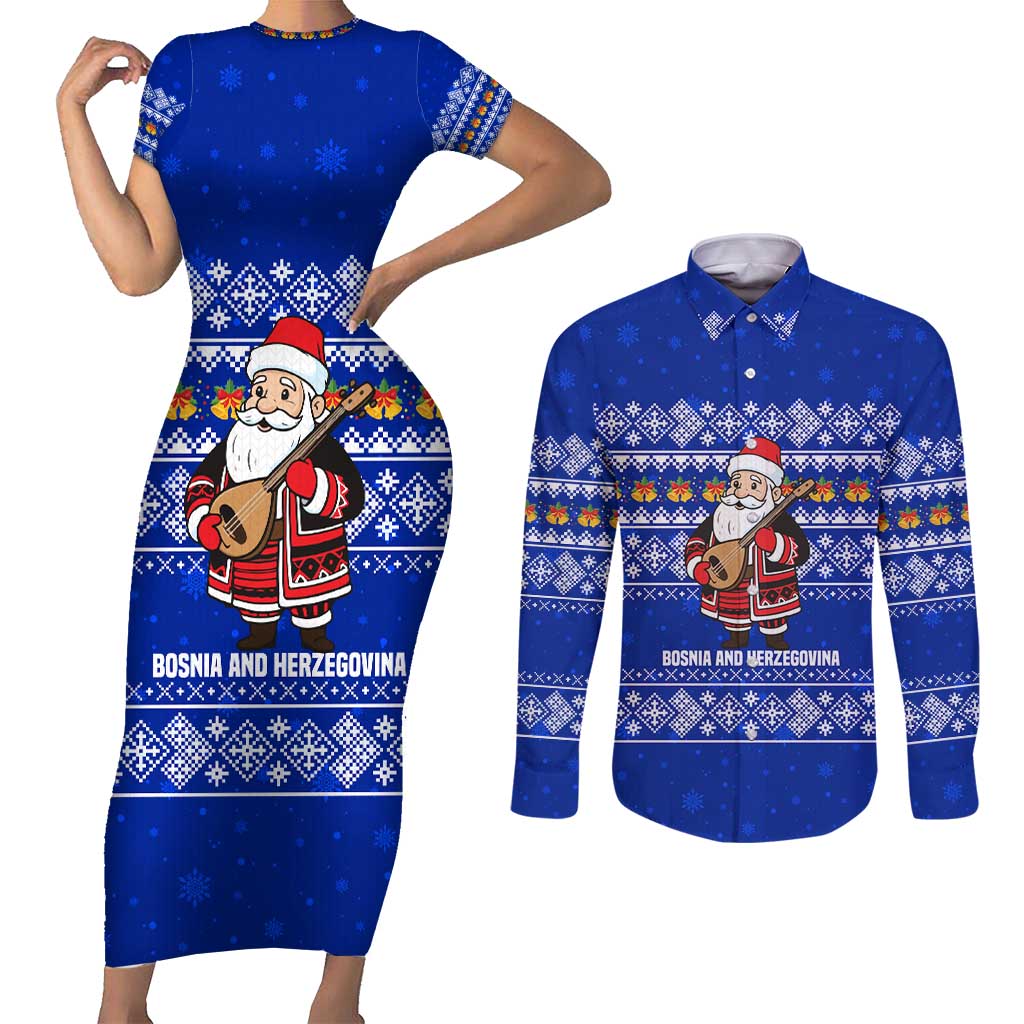 Bosnia and Herzegovina Christmas Couples Matching Short Sleeve Bodycon Dress and Long Sleeve Button Shirt with Santa Playing Traditional Instrument and Blue Snowflake Pattern - Wonder Print Shop