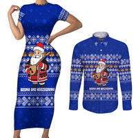 Bosnia and Herzegovina Christmas Couples Matching Short Sleeve Bodycon Dress and Long Sleeve Button Shirt with Santa Playing Traditional Instrument and Blue Snowflake Pattern - Wonder Print Shop