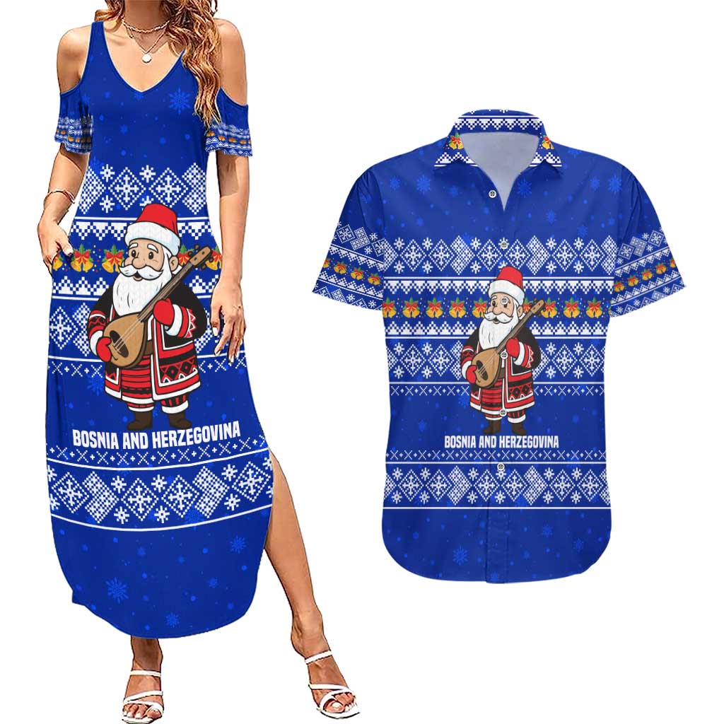 Bosnia and Herzegovina Christmas Couples Matching Summer Maxi Dress and Hawaiian Shirt with Santa Playing Traditional Instrument and Blue Snowflake Pattern - Wonder Print Shop