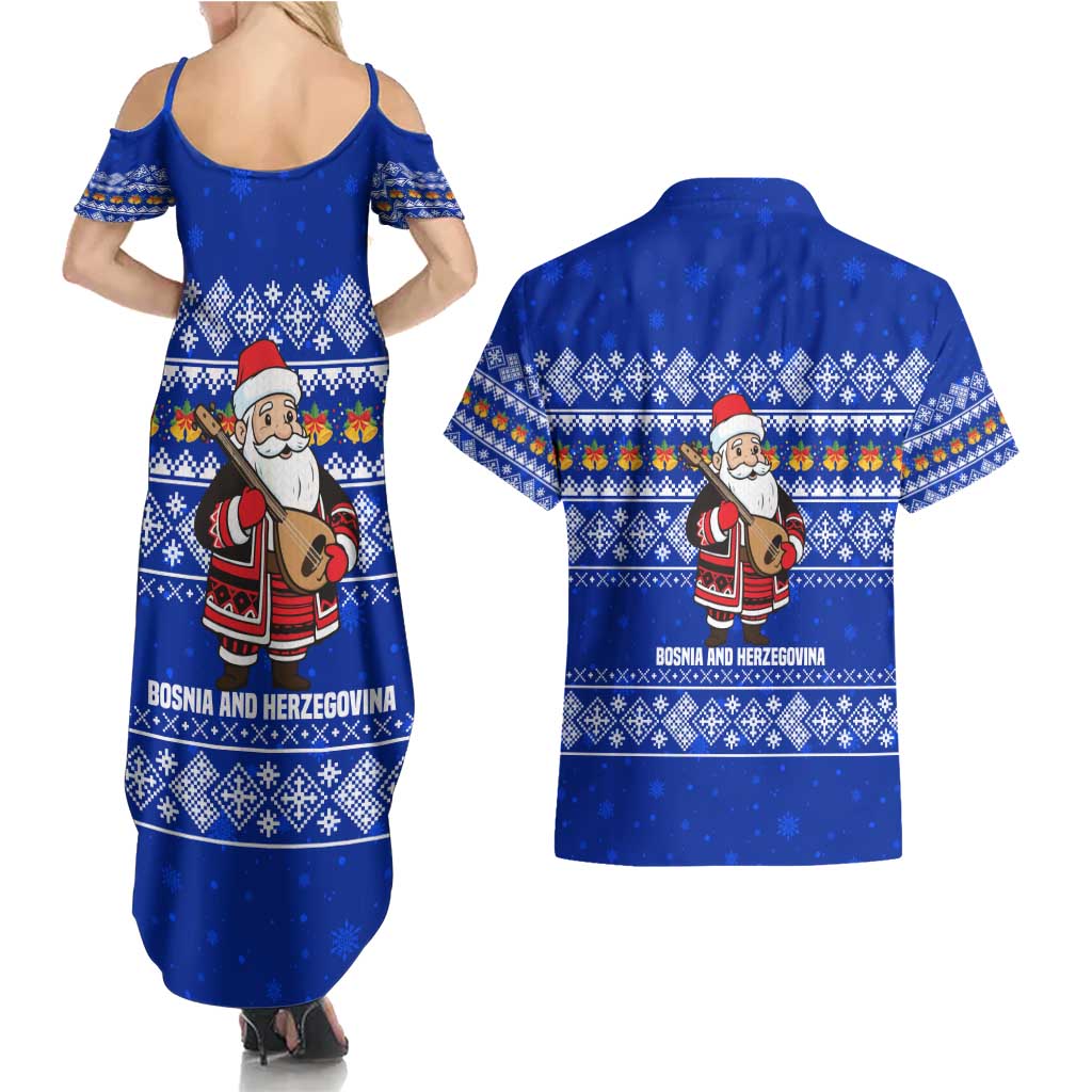 Bosnia and Herzegovina Christmas Couples Matching Summer Maxi Dress and Hawaiian Shirt with Santa Playing Traditional Instrument and Blue Snowflake Pattern - Wonder Print Shop